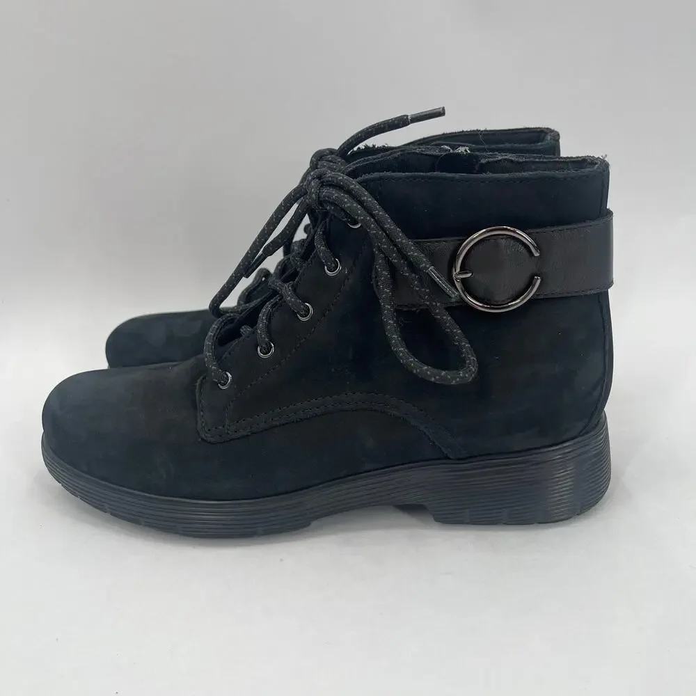 Munro Buckley Boots Size 7.5 Black Nubuck Leather Lace Up Zipper Buckle NWOT